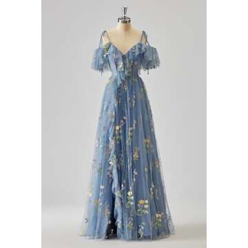 Basgute Flower Embroidery Tulle Fairy Prom Dresses Spaghetti Straps Long Slit Elegant V Neck Green A...