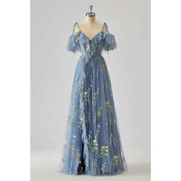 Basgute Flower Embroidery Tulle Fairy Prom Dresses Spaghetti Straps Long Slit Elegant V Neck Green A...