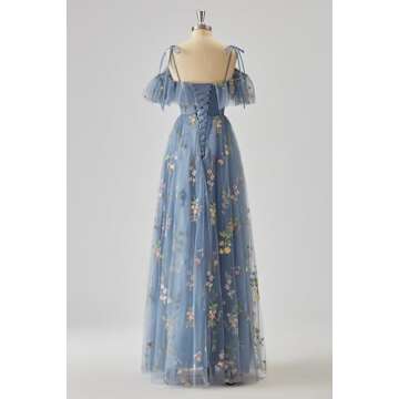 Basgute Flower Embroidery Tulle Fairy Prom Dresses Spaghetti Straps Long Slit Elegant V Neck Green A Line Corset Formal Evening Party Gowns for Women US0