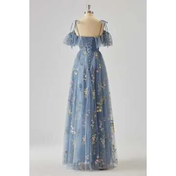 Basgute Flower Embroidery Tulle Fairy Prom Dresses Spaghetti Straps Long Slit Elegant V Neck Green A Line Corset Formal Evening Party Gowns for Women US0