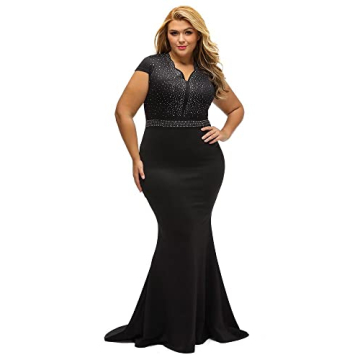 LALAGEN Women's Short Sleeve Rhinestone Plus Size Long Cocktail Evening Dress Black XXXXL
