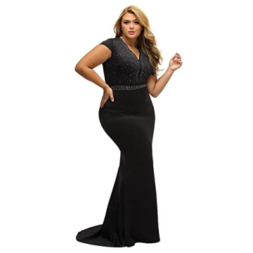 LALAGEN Women's Short Sleeve Rhinestone Plus Size Long Cocktail Evening Dress Black XXXXL