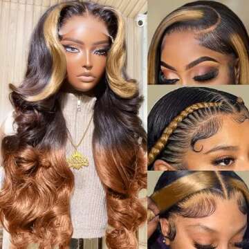 250 Density Ombre Lace Front Wig Human Hair Highlight Body Wave 13X6 Lace Front Wigs Human Hair Pre ...