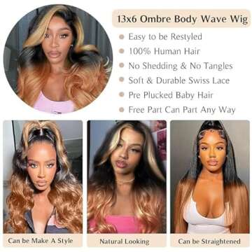 250 Density Ombre Lace Front Wig Human Hair Highlight Body Wave 13X6 Lace Front Wigs Human Hair Pre Plucked HD Frontal Balayage Wig Human Hair Glueless Highlighted Human Hair Wig 26 Inch