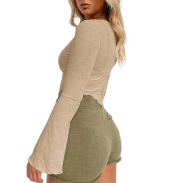 Avanova Women's Long Sleeve Knit Ribbed Crop Top Ruched Front Square Neck Asymmetrical Hem Tees Shirt Apricot Medium