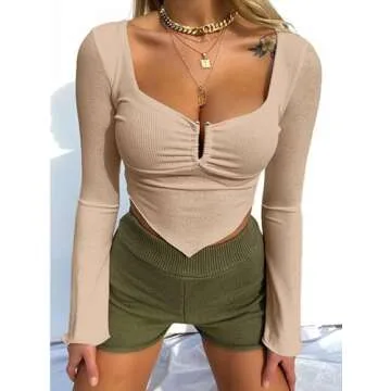 Avanova Women's Long Sleeve Knit Ribbed Crop Top Ruched Front Square Neck Asymmetrical Hem Tees Shirt Apricot Medium