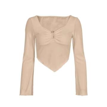 Avanova Women's Long Sleeve Knit Ribbed Crop Top Ruched Front Square Neck Asymmetrical Hem Tees Shirt Apricot Medium