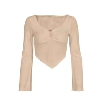 Avanova Women's Long Sleeve Knit Ribbed Crop Top Ruched Front Square Neck Asymmetrical Hem Tees Shirt Apricot Medium