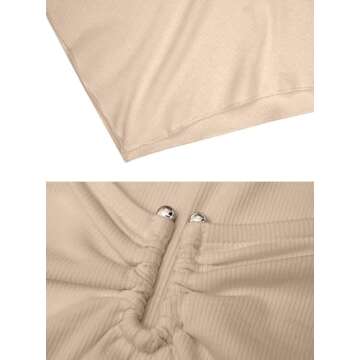 Avanova Women's Long Sleeve Knit Ribbed Crop Top Ruched Front Square Neck Asymmetrical Hem Tees Shirt Apricot Medium