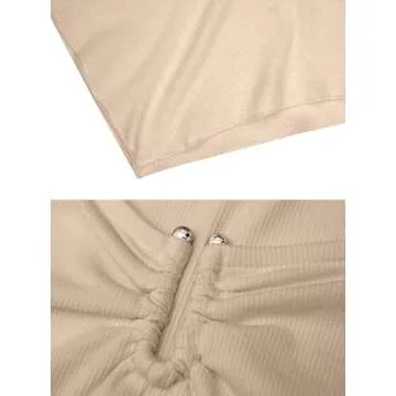 Avanova Women's Long Sleeve Knit Ribbed Crop Top Ruched Front Square Neck Asymmetrical Hem Tees Shirt Apricot Medium