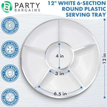 PARTY BARGAINS 12" Round Plastic Serving Tray, 6-Sections, White with Silver Rim, Pack of 4