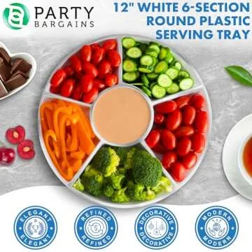 12" Round Serving Tray, 6-Sections, White & Silver - Pack of 4