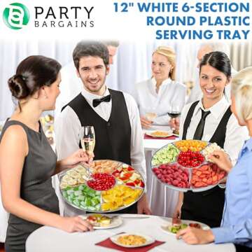 12" Round Serving Tray, 6-Sections, White & Silver - Pack of 4