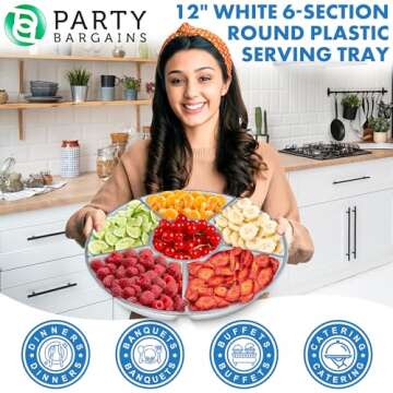 12" Round Serving Tray, 6-Sections, White & Silver - Pack of 4