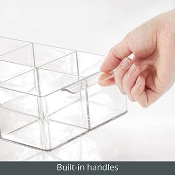 mDesign Plastic Divided Makeup Organizer Holder Tray for Bathroom Drawer, Vanity, Countertop Storage - Cosmetic Organization Holds Brushes and Accessories - 8 Compartments - Lumiere Collection - Clear