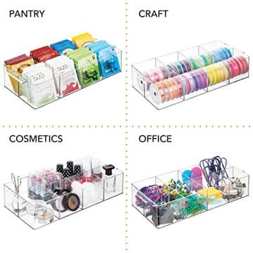 mDesign Plastic Divided Makeup Organizer Holder Tray for Bathroom Drawer, Vanity, Countertop Storage - Cosmetic Organization Holds Brushes and Accessories - 8 Compartments - Lumiere Collection - Clear