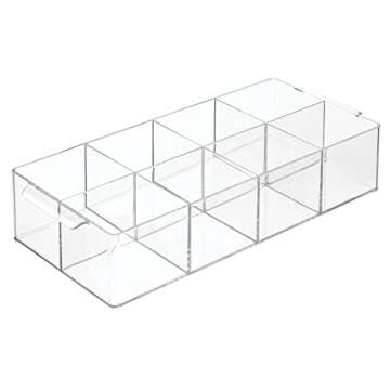 mDesign Plastic Divided Makeup Organizer Holder Tray for Bathroom Drawer, Vanity, Countertop Storage - Cosmetic Organization Holds Brushes and Accessories - 8 Compartments - Lumiere Collection - Clear