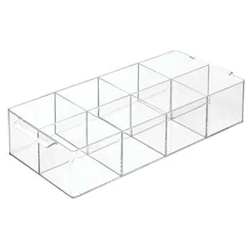 mDesign Plastic Divided Makeup Organizer Holder Tray for Bathroom Drawer, Vanity, Countertop Storage - Cosmetic Organization Holds Brushes and Accessories - 8 Compartments - Lumiere Collection - Clear