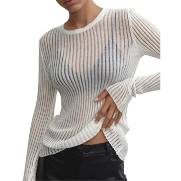 KAMISSY Women Sheer Mesh Knit Sweater Sexy Pullover Top