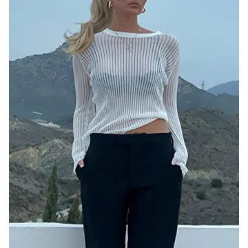KAMISSY Women Sheer Mesh Knit Sweater Sexy Pullover Top