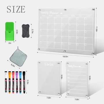 LCPCX Acrylic Magnetic Dry Erase Board for Fridge，Set of 3 Transparent Planning Boards for Monthly Calendar, Weekly Calendar, Calendar，Includes 6 Dry Erase Markers, 1 Eraser and Magnetic Pen Holder