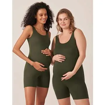 POSHDIVAH Women's Maternity Bodysuit Pregnancy Shapewear Sleeveless Scoop Neck Tank Top Shorts Romper Jumpsuit for Photoshoot Yoga Green Medium