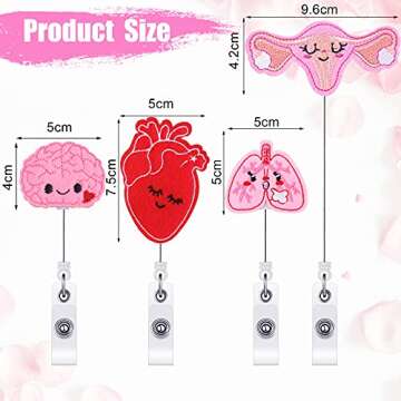 4 Piece Felt Retractable Badge Reel Holder for Nurse Brain Uterus Lung and Heart Badge Reel Cute Nur...