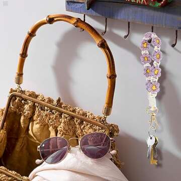 DIVINA VITAE Macrame Keychain Handmade Wristlet Keychains for Women Cute Flower Weave Exquisite Daisy Keychain Multiple Colour (Purple)