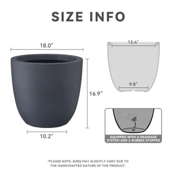 Kante 18 Inch Dia Round Concrete Planter, Indoor Outdoor Large Plant Pot with Drainage Hole and Rubber Plug for Home Patio Garden, Charcoal