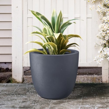 Kante 18 Inch Dia Round Concrete Planter, Indoor Outdoor Large Plant Pot with Drainage Hole and Rubber Plug for Home Patio Garden, Charcoal