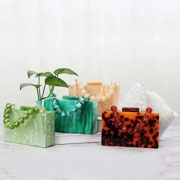 Oweisong Women Acrylic Clutch Purse Formal Wedding Evening Handbag Marble Party Shoulder Crossbody Bag with Bead Chain