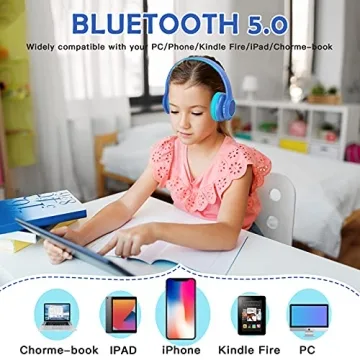 Candy Bila Bluetooth Kids Headphones Fit for Aged 3-21, Colorful LED Lights Comfort Wireless Headphones with Microphone 94dB Volume Limited for School/iPad/PC/TV/Cellphones, Wired & TF Card Mode,Blue