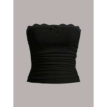 SOLY HUX Women's Lace Trim Ruched Bandeau Crop Tube Tops Bowknot Front Strapless Summer Tops Plain Black S