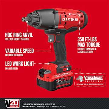 CRAFTSMAN V20 RP 1/2 inch Cordless Impact Wrench Kit, Brushless, 4Ah Battery and Charger Included (CMCF900M1)