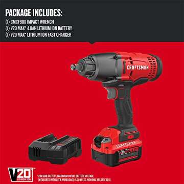 CRAFTSMAN V20 RP 1/2 inch Cordless Impact Wrench Kit, Brushless, 4Ah Battery and Charger Included (CMCF900M1)