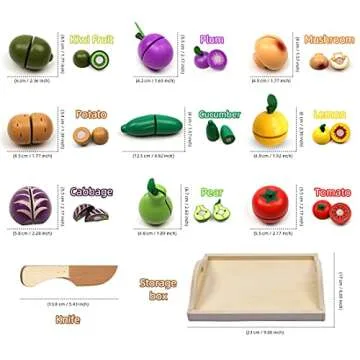 Wooden Cutting Fruit Vegetables Set for Kids - Pretend Play Food Toy Set with Wooden Knife and Tray Learning Toys for Toddlers (Fruit-E)