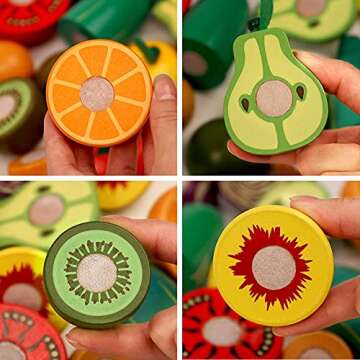 Wooden Cutting Fruit Vegetables Set for Kids - Pretend Play Food Toy Set with Wooden Knife and Tray Learning Toys for Toddlers (Fruit-E)