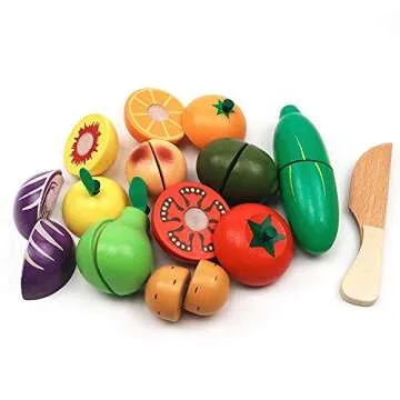 Wooden Cutting Fruit Vegetables Set for Kids - Pretend Play Food Toy Set with Wooden Knife and Tray Learning Toys for Toddlers (Fruit-E)