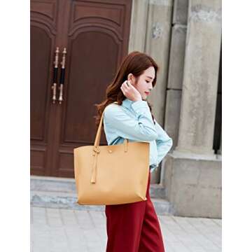 Dreubea Women's Soft Faux Leather Tote Shoulder Bag from, Big Capacity Tassel Handbag Yellowish Brown