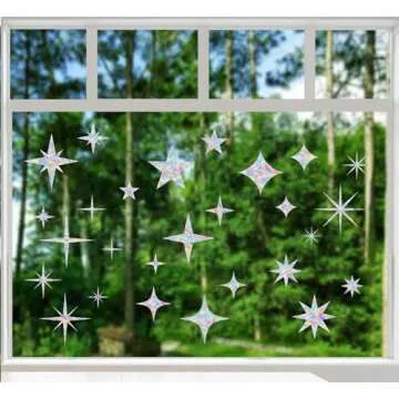AREAWA 30 Pcs Star Ring Circle Window Clings - Anti-Collision Window Decals to Save Birds from Window Collisions,Non Adhesive Window Clings, Rainbow Stickers