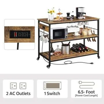 Yaheetech Kitchen Island with Power Outlet, Rolling Kitchen Cart with Wine Rack & Glass Holder & Hooks, Coffee Bar Microwave Stand Wine Rack Table for Dining Room, 47.5" W x 24" D, Rustic Brown