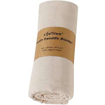 LifeTree Muslin Baby Swaddle Blankets Neutral, Organic Cotton, Large 47 x 47 inches, Swaddling Receiving Blanket for Boys & Girls (Beige)