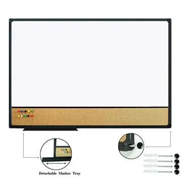 JILoffice White Board & Bulletin Corkboard Combination, Combo Board 36 x 24 Magnetic Whiteboard, Bla...