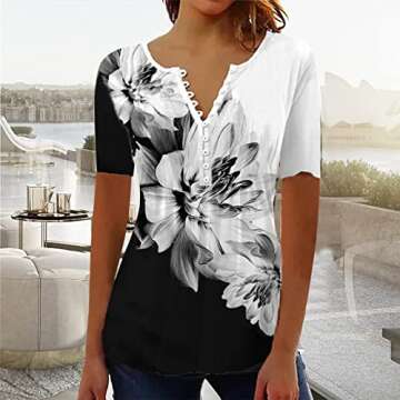 Dress Shirts for Women Trendy Summer Tops for Women 2025 Trendy Boho Floral Print Tunic Shirts Short...