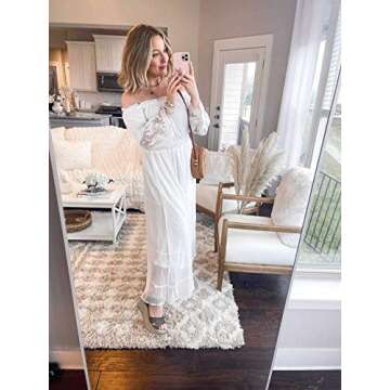 KIRUNDO Women’s Off Shoulder Maxi Dress Bell Sleeve Lace Patchwork High Waist Cocktail Party Weddi...
