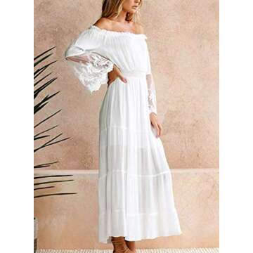 KIRUNDO Women’s Off Shoulder Maxi Dress Bell Sleeve Lace Patchwork High Waist Cocktail Party Wedding Bridesmaid Dress (Medium, White)