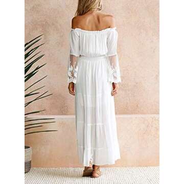 KIRUNDO Women’s Off Shoulder Maxi Dress Bell Sleeve Lace Patchwork High Waist Cocktail Party Wedding Bridesmaid Dress (Medium, White)