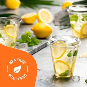 12 oz Clear Plastic Cups with Strawless Sip-Lids [50 Sets] PET Crystal Clear Disposable 16oz Plastic Cups with Lids - Crystal Clear, Durable Cup - BPA Free + Crack Resistant, for Coffee, Juice, Shakes