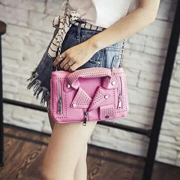 QZUnique Motorcycle Jacket Shoulderbag PU Leather Handbag Punk Style Crossbody Bag Rivet Purse Lapel Collar Bag with Chain Pink