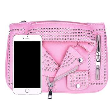 QZUnique Motorcycle Jacket Shoulderbag PU Leather Handbag Punk Style Crossbody Bag Rivet Purse Lapel Collar Bag with Chain Pink